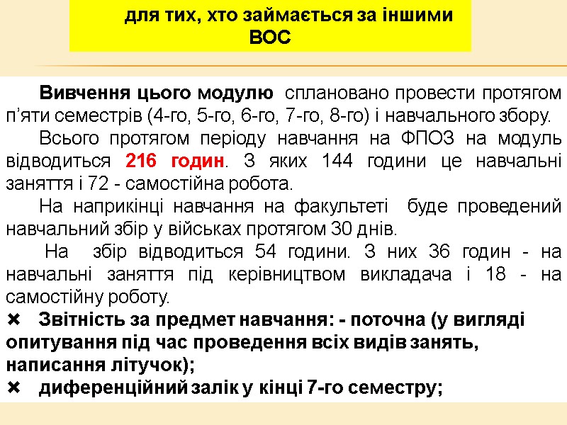 Вивчення цього модулю сплановано провести протягом п’яти семестрів (4-го, 5-го, 6-го, 7-го, 8-го) Вивчення цього модулю сплановано провести протягом п’яти семестрів (4-го, 5-го, 6-го, 7-го, 8-го)